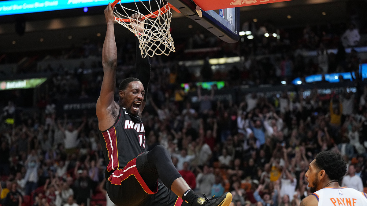 Bam Adebayo hanging off the rim